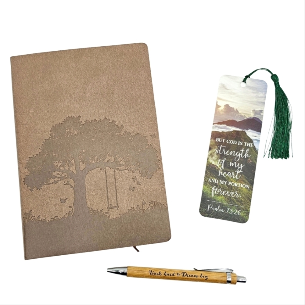 Inspirational Journal Set Tree of Life Faux Leather Pen Christian Bookmark Brown